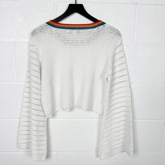 Callahan Crocheted Sweater Size XS White Rainbow Trim  Cropped Bell‎ Sleeve - Picture 2 of 10